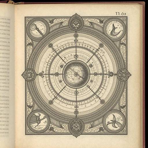 Vintage black-and-white illustration of a detailed, ornate circular astrolabe with intricate patterns, four cardinal direction circles, and text on an open book