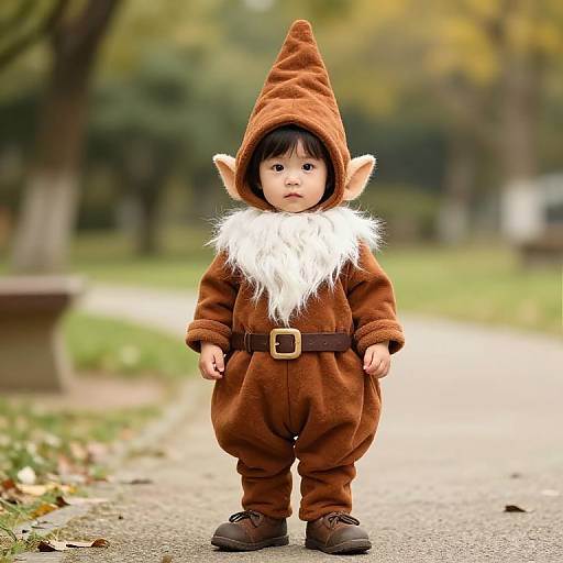 Photograph of a baby in a brown elf costume with pointy hat, white fur collar, and brown belt, standing on a park path with blurred