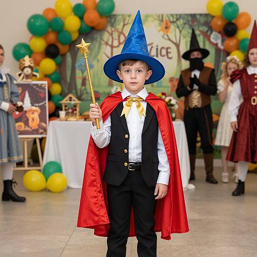 Photograph of a young boy in a blue wizard hat, red cape, and black suit, holding a star-topped wand at a Halloween-themed party
