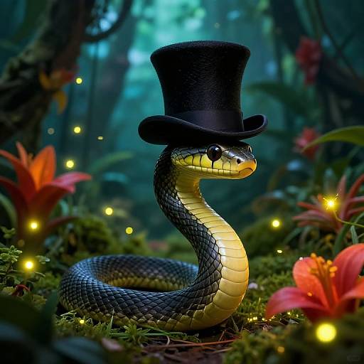 Digital artwork of a black and yellow snake wearing a black top hat, coiled on moss with glowing fireflies and red flowers in a mystical forest.