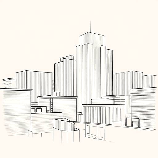 Black-and-white line drawing of a modern city skyline with tall, rectangular skyscrapers and varying building heights and sizes.
