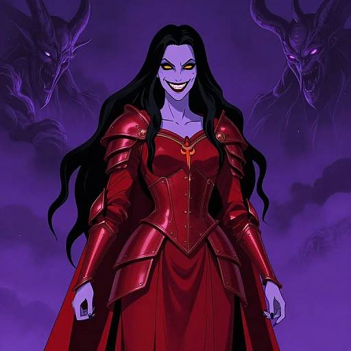 Digital illustration of a blue-skinned, long-haired woman with glowing yellow eyes, red armor, and dress, standing against a purple misty background with