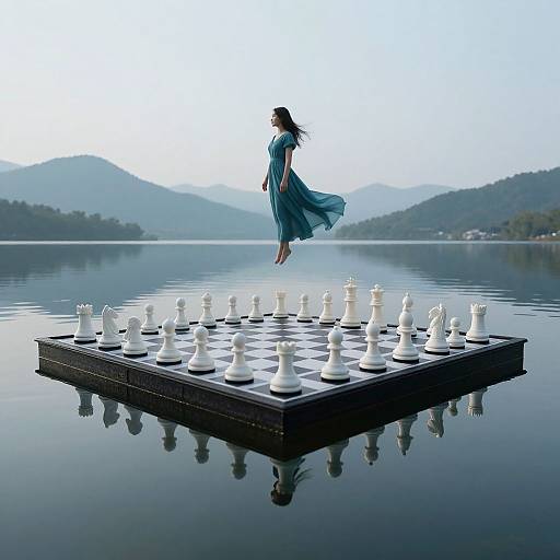 Photograph of a woman in a flowing blue dress mid-jump above a floating chessboard on calm lake water, with misty mountains in the background