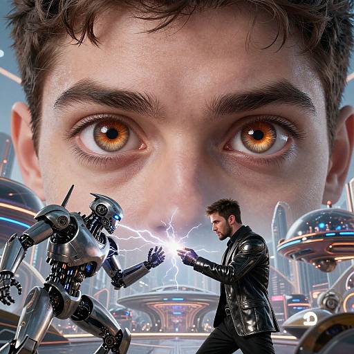 CGI image of a man with intense brown eyes, clashing lightning with a robot in a futuristic cityscape, wearing a black leather jacket.