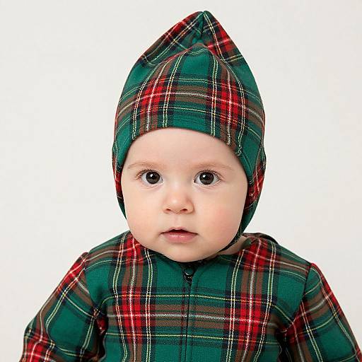 Photograph of a baby with fair skin, large blue eyes, wearing a green and red plaid hat and matching plaid jacket, against a white
