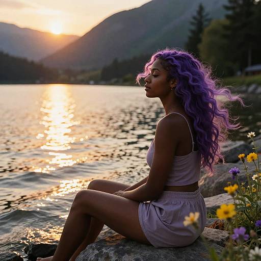 Photograph of a woman with purple curly hair, in a pink crop top and shorts, sitting by a sunlit lake at sunset, surrounded by flowers