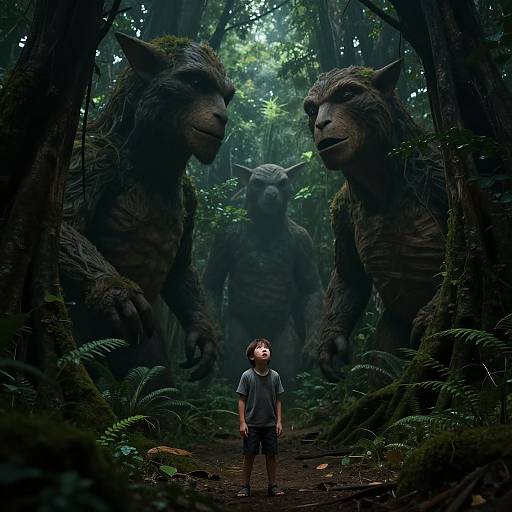 Photograph-like CGI of a young boy standing in a dense, dark forest, with three giant, moss-covered, beast-like creatures looming behind him.