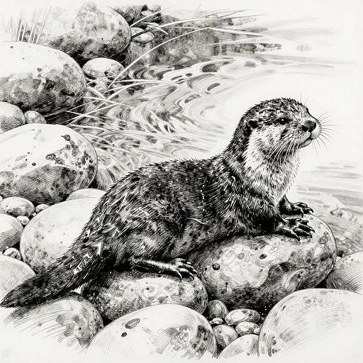 Monochrome Gouache Drawing of River Otter on Riverbank
