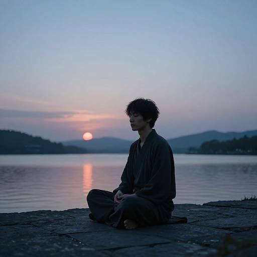 Photograph of a silhouetted young man with curly hair, sitting cross-legged on a rocky shore, watching a sunset over a calm lake.