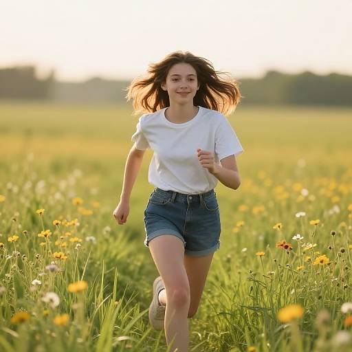 Teenage Girl Running in Wildflower Meadow