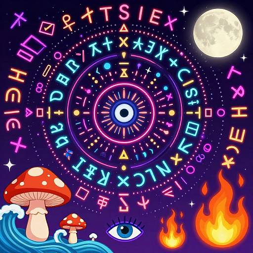 Digital artwork: Neon-colored zodiac wheel with mystical symbols, moon, red mushrooms, blue waves, and flames on a starry night sky background.