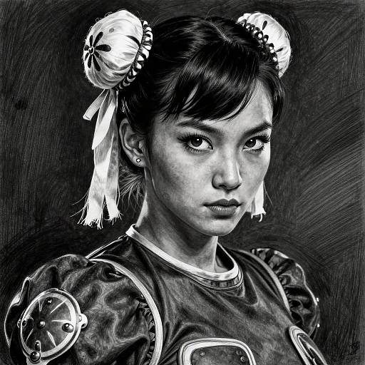 Black-and-white digital drawing of an Asian woman with double buns, white ribbons, puffed shoulders, and serious expression. Detailed textures and high