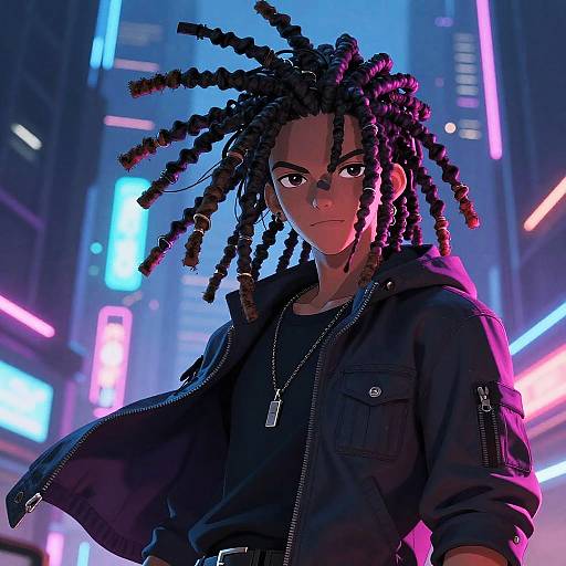 Anime Character with Dreadlocks in Cyberpunk City