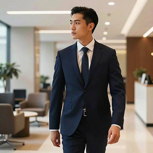 Photograph of a young Asian man in a dark navy suit, white shirt, and black tie, walking in a modern, brightly lit office with large