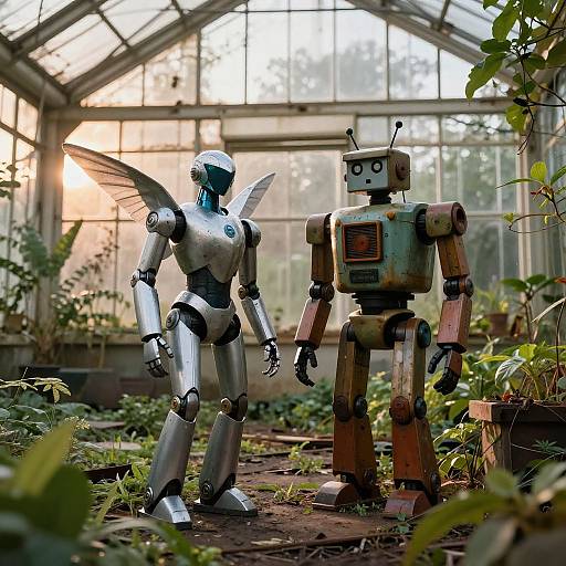 Photograph of two robots in a sunlit, greenhouse-like setting with plants. One robot has white, winged arms, while the other is rusty