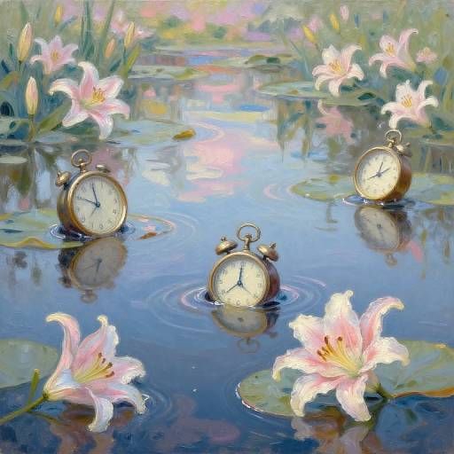 Digital painting of three vintage pocket watches floating in a serene pond with pink lilies, reflecting light, surrounded by lily pads.