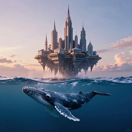 Photograph-style CGI: Majestic skyscraper city floating above ocean, backlit by pink-orange sunset, with a large, swimming blue whale below water