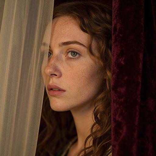 Photograph of a freckled young woman with wavy brown hair, light green eyes, and parted lips, partially hidden behind a sheer and dark