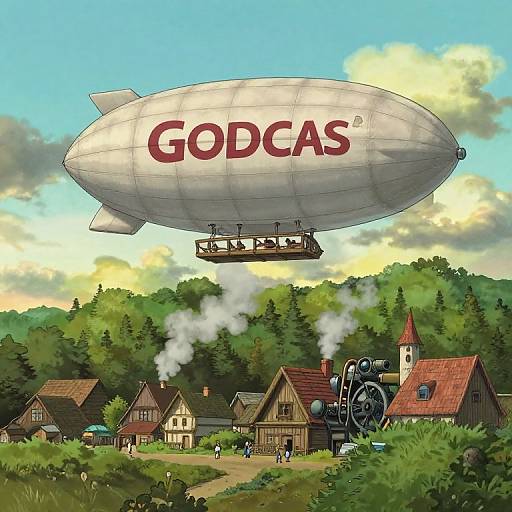 Digital illustration of a white Gotha zeppelin above a quaint, smoke-puffing village with wooden houses and a steam train, set against a lush