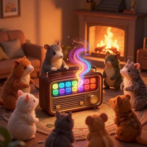 Photorealistic digital art of adorable, fur-covered baby hedgehogs gathered around a glowing vintage radio with colorful lights, in a cozy, warmly lit