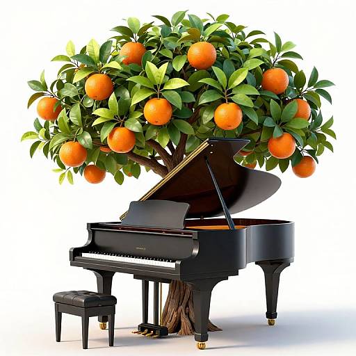 Digital illustration of a black grand piano with an orange tree growing from its base, laden with bright orange fruit, set against a white background.
