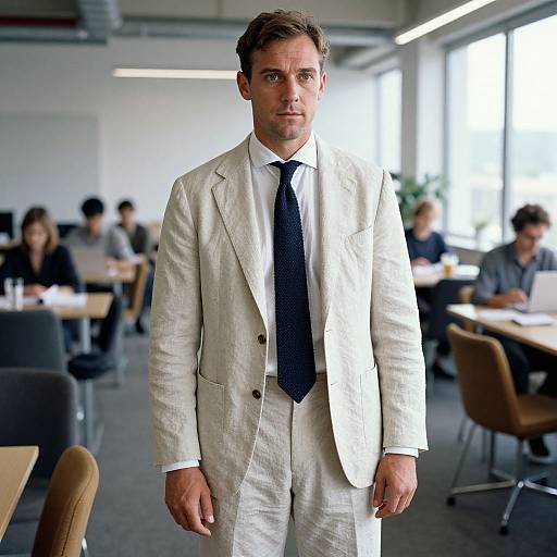 Photograph of a serious-looking man in a white linen suit and navy tie standing in a modern office with blurred coworkers in the background. Bright natural light
