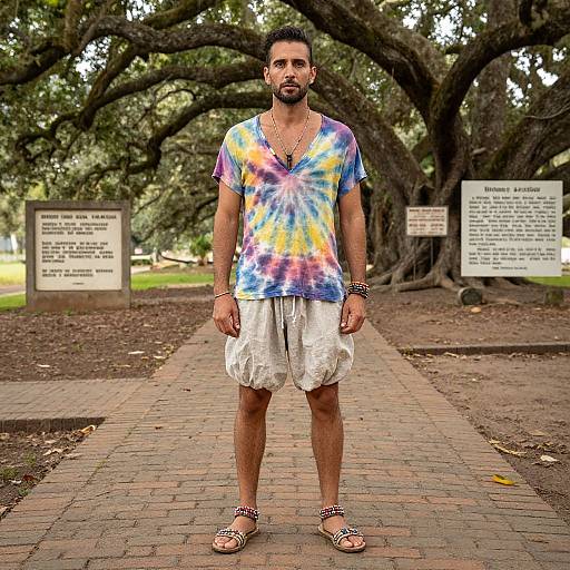 Photograph of a bearded man with medium skin tone, wearing a tie-dye shirt, white shorts, and sandals, standing on a brick path