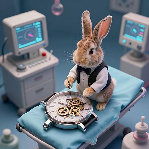 Photorealistic CGI: A dressed rabbit with a bow tie and vest, using tweezers to assemble gears on a clock face, in a futuristic
