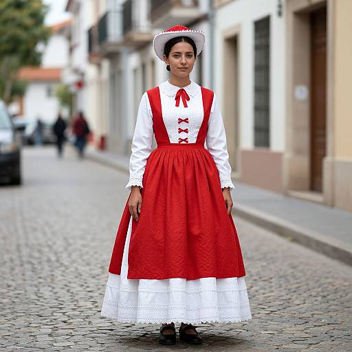 Photograph of a woman in traditional red and white Spanish folk dress, standing on a cobblestone street, with blurred buildings in the background. She