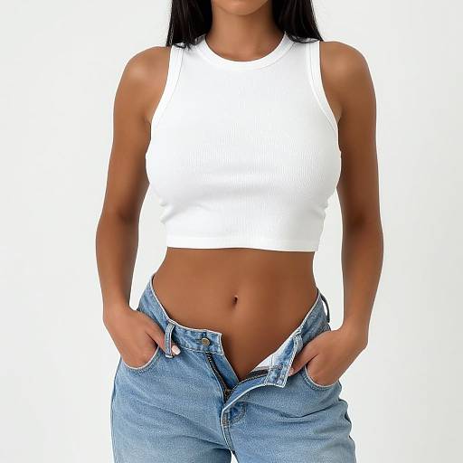 Photograph of a tan-skinned woman with black hair, wearing a white ribbed tank top and unbuttoned blue jeans, hands in pockets,