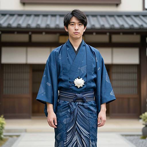 Photograph of a young Japanese man with short black hair, wearing a dark blue, patterned kimono with a white floral brooch, standing in