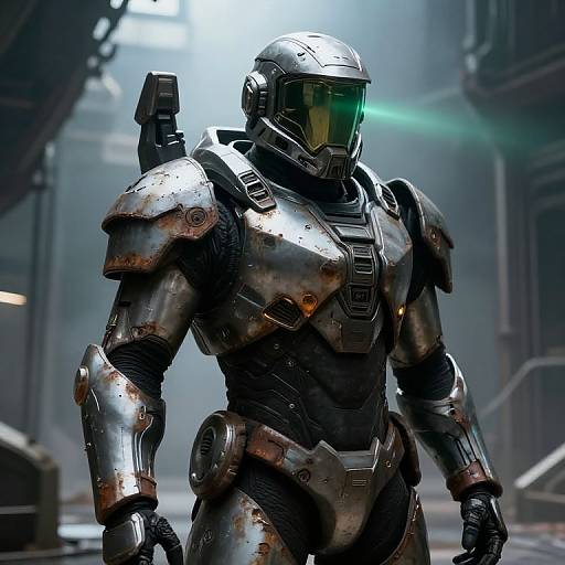 CGI image of a futuristic, armored soldier with green visor, metallic suit, and shoulder gun, standing in a foggy, industrial setting.