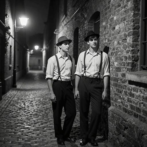 Black-and-white photograph of two young men in vintage attire—striped shirts, suspenders, hats—standing in a cobblestone alleyway,