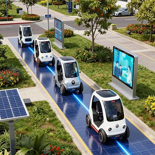 Digital illustration of five white, compact, electric self-driving cars with blue LED lights on a solar-powered, futuristic road, surrounded by greenery and digital