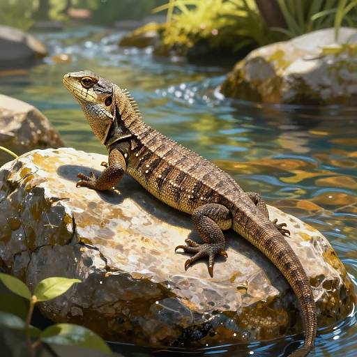 Photograph of a brown, striped lizard with spiked back, basking on a sunlit rock in a clear, flowing stream.