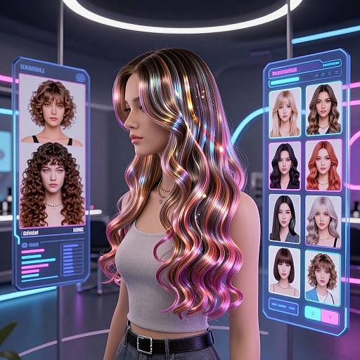 Photorealistic digital artwork: Woman with long, multicolored wavy hair, wearing a white crop top and black belt, stands in futuristic room