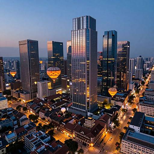 Photograph of a modern cityscape at dusk, showcasing tall, illuminated skyscrapers with reflective glass windows, surrounded by brightly lit streets and shorter buildings