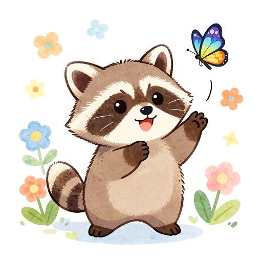Adorable Chibi Raccoon with Butterflies