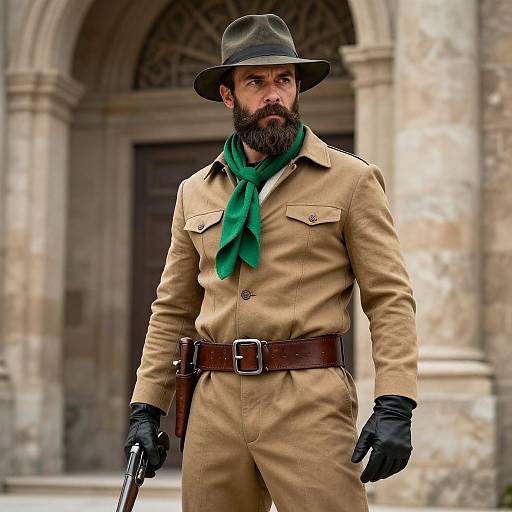 Photograph of a bearded man in a tan military-style coat, green scarf, black gloves, brown belt, and hat, holding a gun,