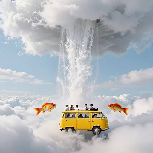 Surreal Inverted Waterfall and Floating Van