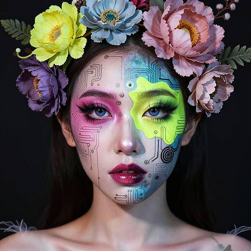 Digital portrait of a woman with a floral crown, half-face painted in neon colors with circuitry patterns, against a black background.