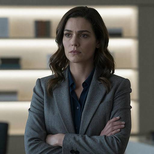 Photograph of a serious-looking woman with wavy brown hair, wearing a gray blazer over a black shirt, arms crossed, standing in front of