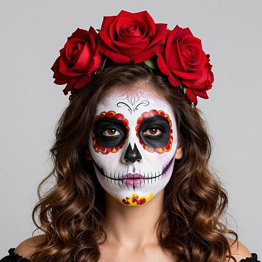 Photograph of a woman with white face paint in sugar skull style, black eye makeup, red flower accents, red rose flower crown, and wavy