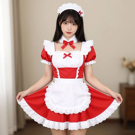 Photograph of an Asian woman with black hair in a red and white French maid outfit, standing in a softly lit room.