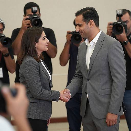 Public Handshake Amid Press Photographers
