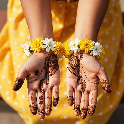 Hands with Intricate Henna and Floral Garland