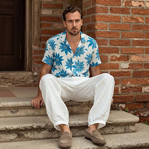 Photograph of a bearded man with short brown hair, wearing a blue floral shirt, white pants, and brown shoes, sitting on stone steps against