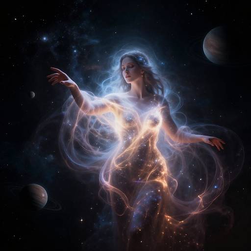 Digital artwork of a glowing, ethereal woman with flowing blue and orange lights, floating in a starry, planetary galaxy.