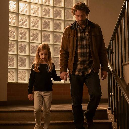 Man and Young Girl Walking Down Staircase