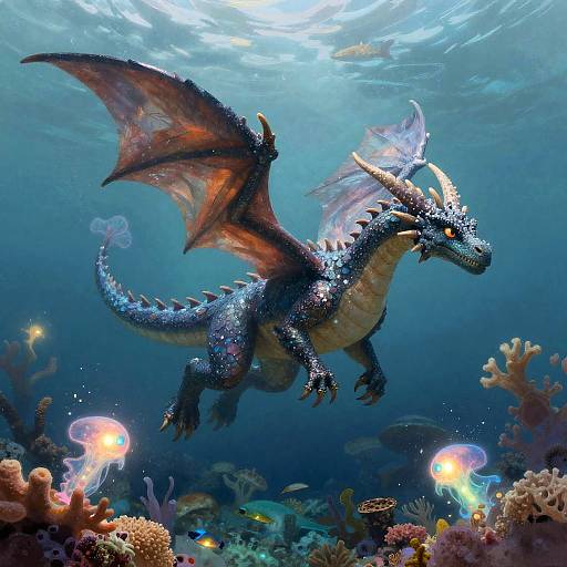 Whimsical Feathered Dragon Underwater